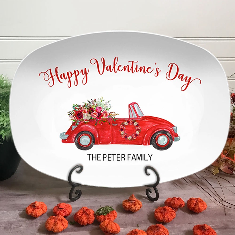 Valentine Personalized Plate Red Vintage Car Floral Platter Valentine's Day Gift for Her