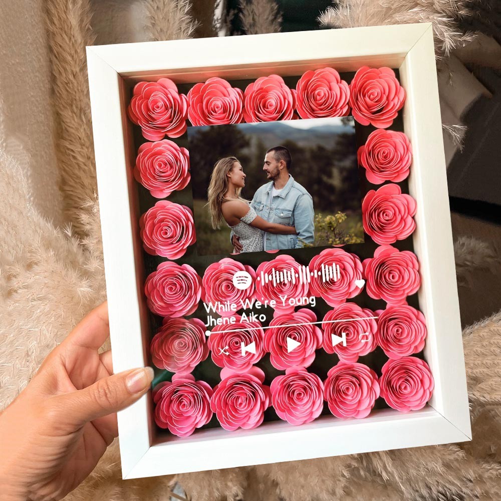 Personalized Flower Music Photo Shadow Box with Spotify Code Valentine's Day Gifts for Girlfriend Wife Anniversary Gifts