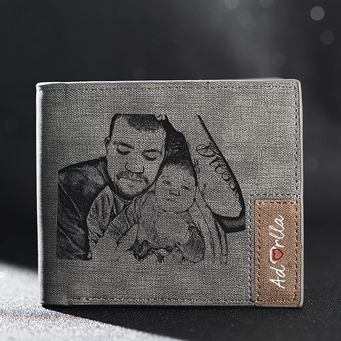 Father's Day Gift Personalized Photo Leather Wallet Gray