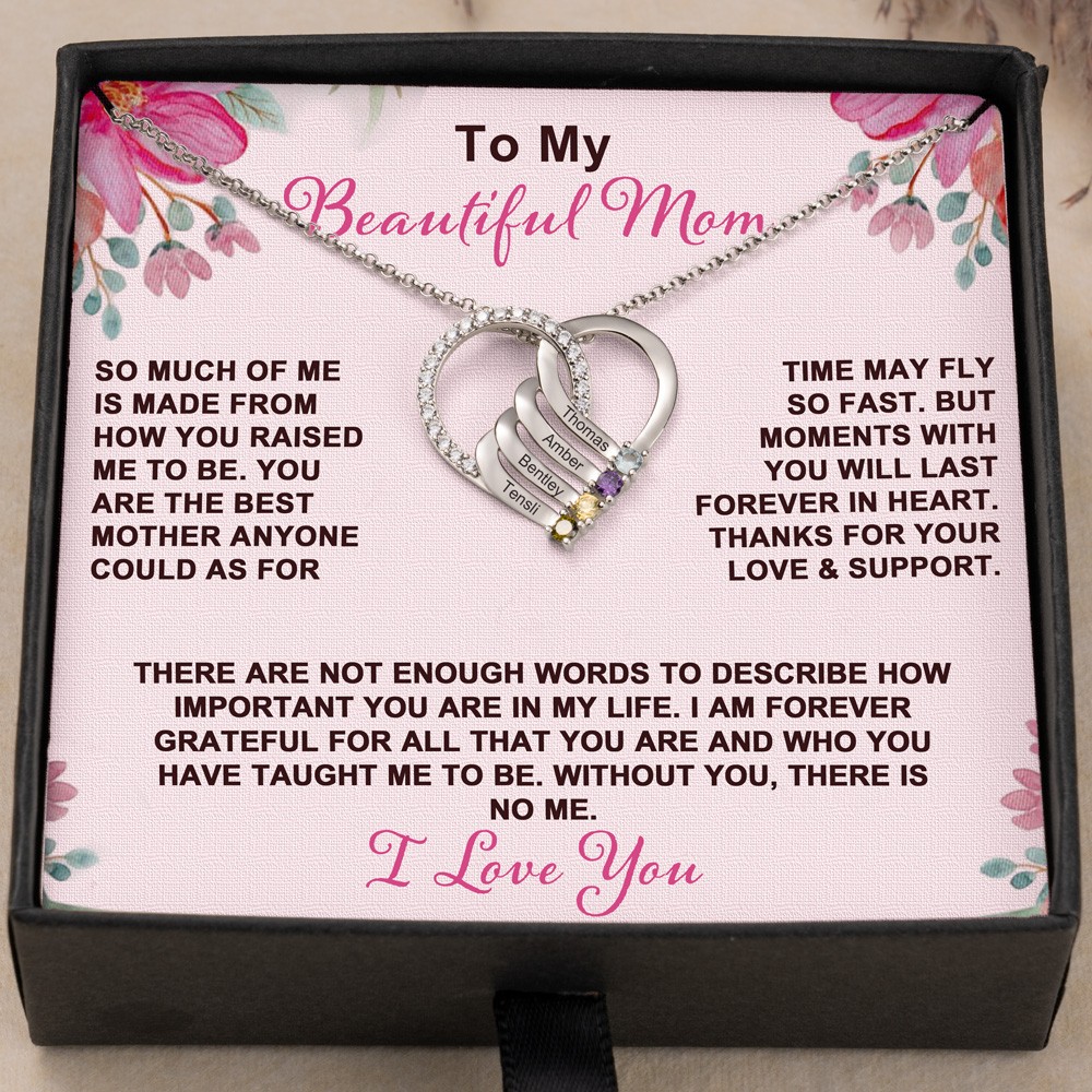 Personalized To My Beautiful Mom Heart Shaped Birthstone Necklace with Engraved Names Gifts for Mom from Daughter Mother's Day Gifts