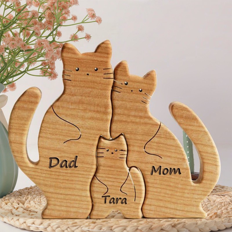 Custom Wooden Cats Family Puzzle with Names Animal Figurines Family Keepsake Gifts Christmas Gifts