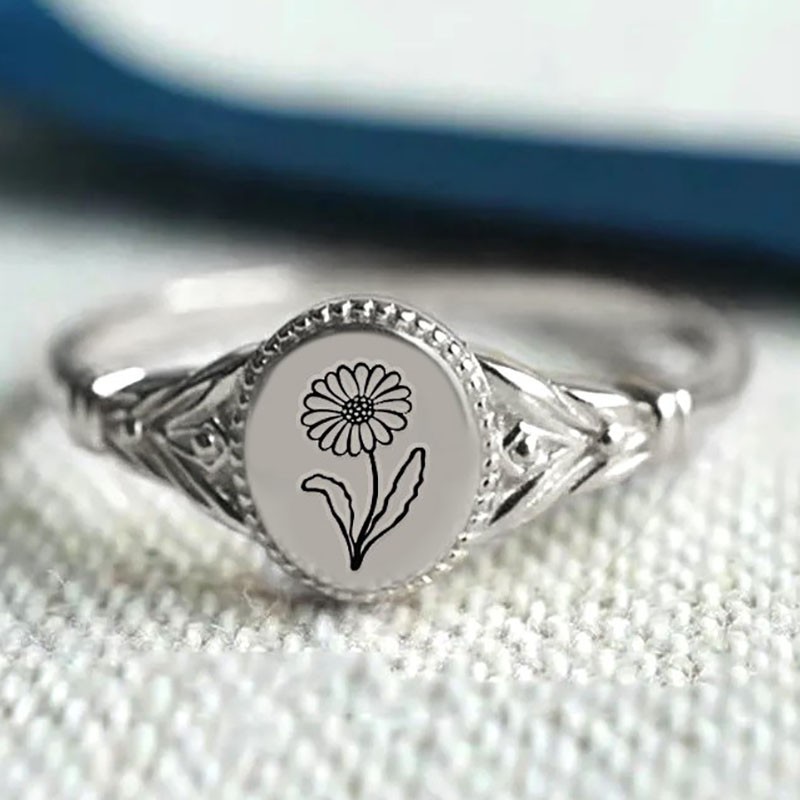 Personalized Birth Flower Ring Vintage Flower Signet Ring