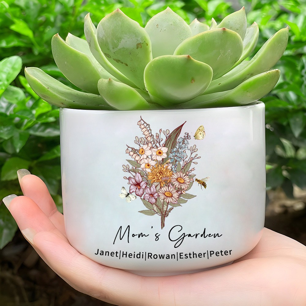 Custom Mom's Garden Outdoor Plant Pot With Birth Flower Bouquet And Kids Names Gift For Mom Grandma Mother's Day Gift Ideas