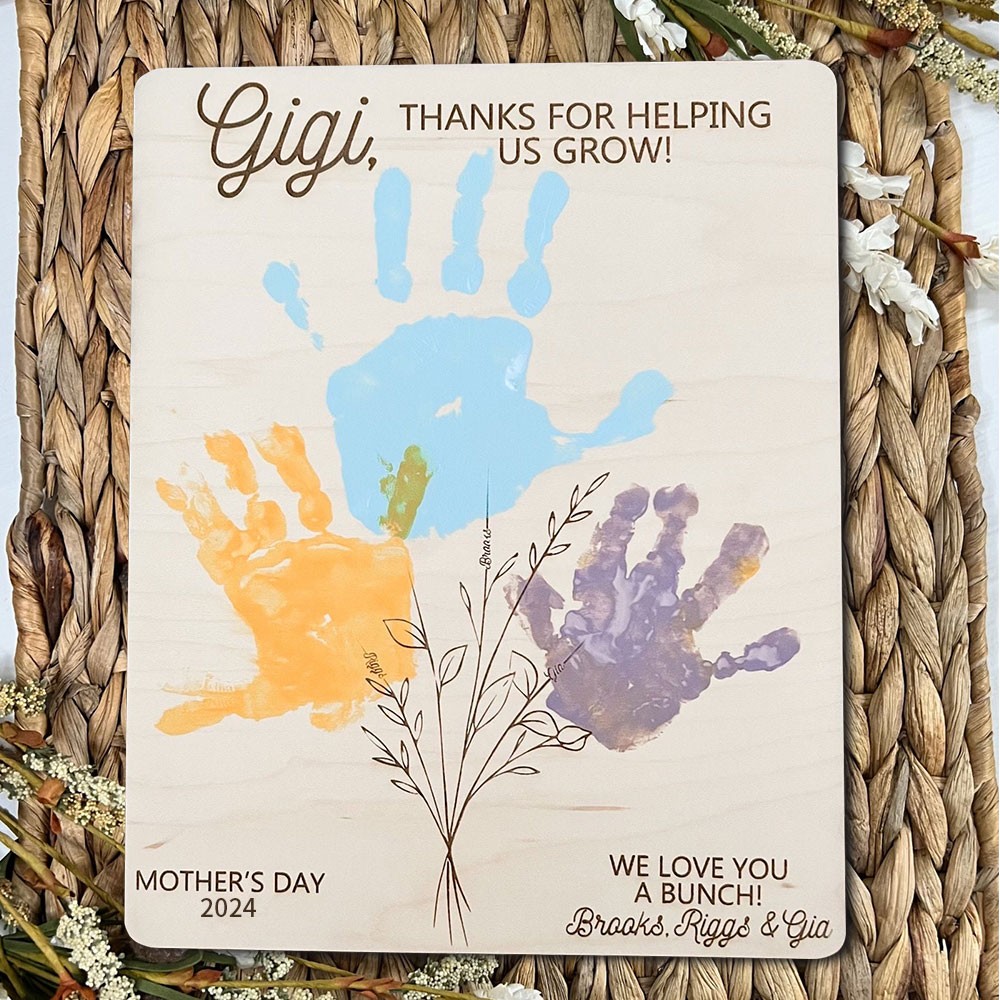 Custom Gigi Thanks For Helping Us Grow Flower Bouquet DIY Handprint Sign With Grandkids Names Mother's Day Gift Ideas