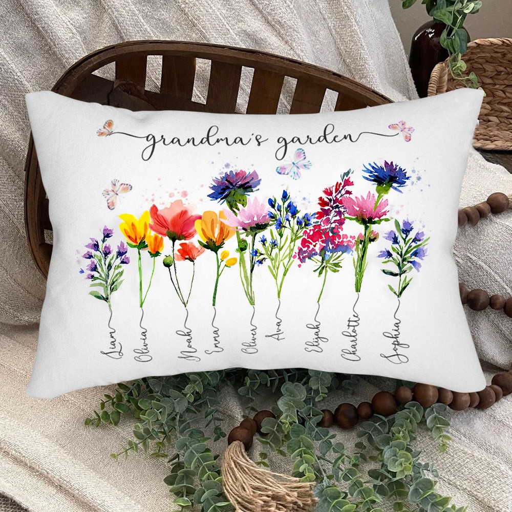 Custom Grandma's Garden Birth Month Flower Pillow Engraved with Names Love Gift Ideas for Grandma Mom