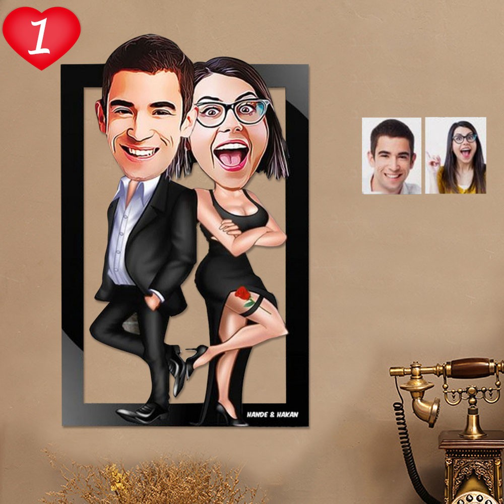 Personalized Photo Caricature Funny Couples 5th Anniversary Trendy Wall 3d Art Valentine's Day Gift for Couples