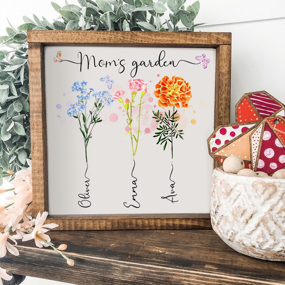 Personalized Grandma's Garden Birth Flower Wooden Frame Sign With Grandkids Name Unique Mother's Day Gifts