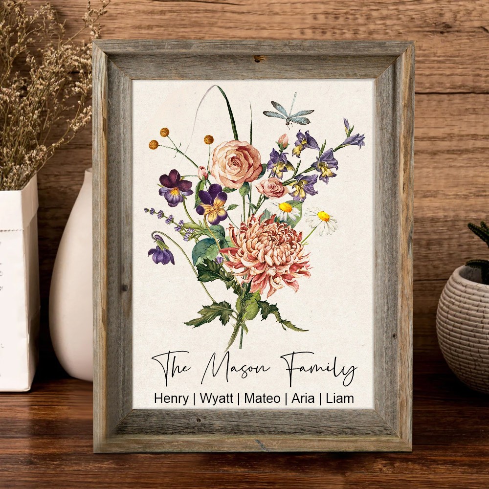 Personalized Family Watercolour Birth Flower Bouquet Print Frame with Kids Names Christmas Gift Ideas for Mom Grandma