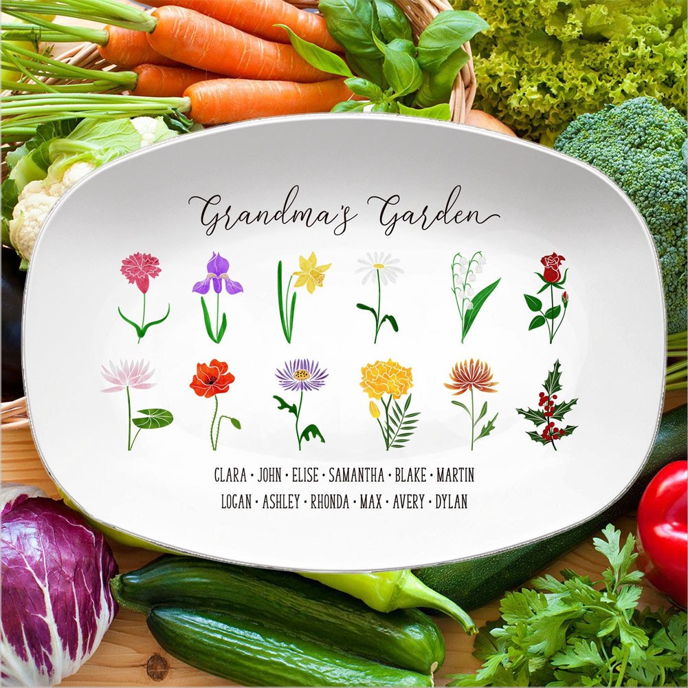 Personalized Family Birth Month Flowers Platter with Grandkids Names Great Gift for Mom, Grandma