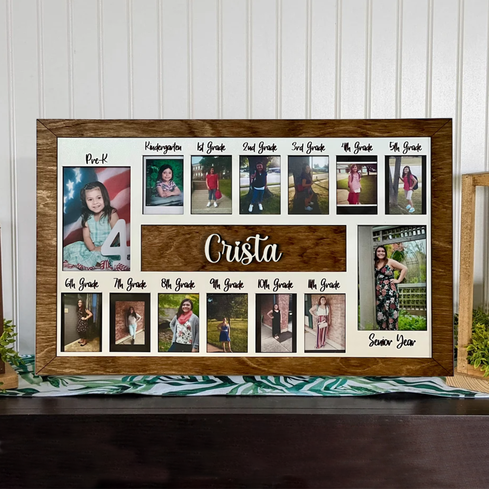 Custom 3D K-12 School Years Picture Frame Personalized Photo Display with Raised Lettering Rustic Photo Display Board