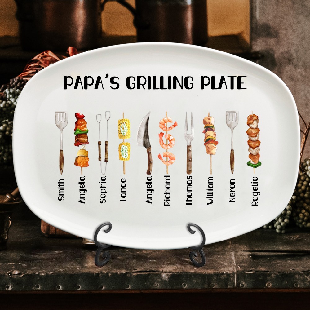 Personalized Papa's Grilling Plate Custom BBQ Platter for Grandpa Dad Father's Day Gift