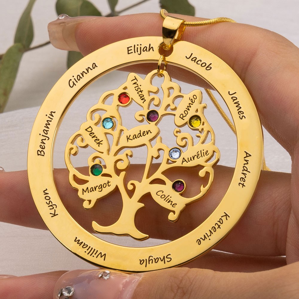 Personalized Birthstones Family Tree Necklace with 1-10 Names Customize Family Jewelry