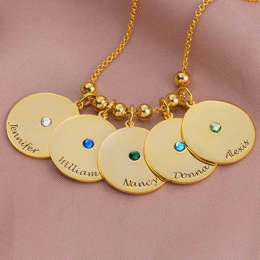 18K Gold Plating Personalized 1-10 Engravable Disc Charms Necklace Birthstone Necklace
