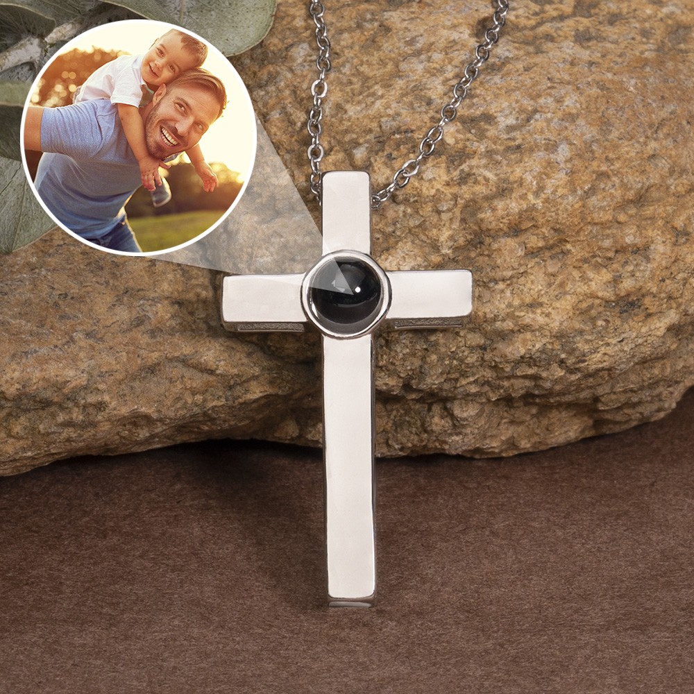 Personalized Mens Cross Memorial Photo Projection Necklace with Picture Inside Father's Day Gifts