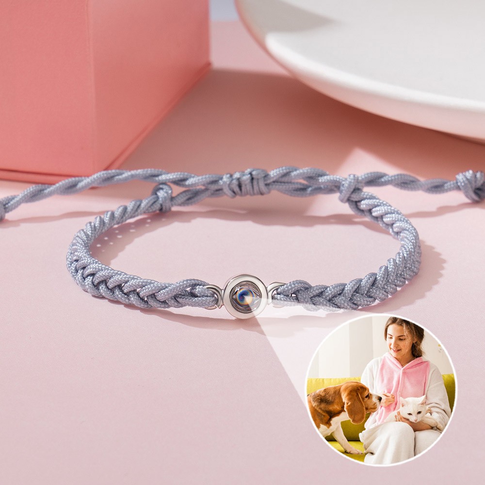 Personalized Braided Grey Rope Photo Projection Bracelet Gift Ideas for Pet Lover