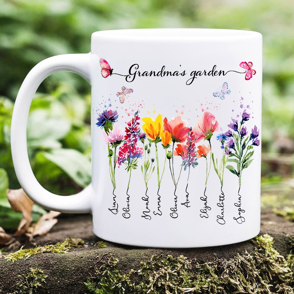 Personalized Grandma's Garden Birth Flower Mug with Kid Names Love Gift Ideas for Grandma Mom Unique Mother's Day Gift