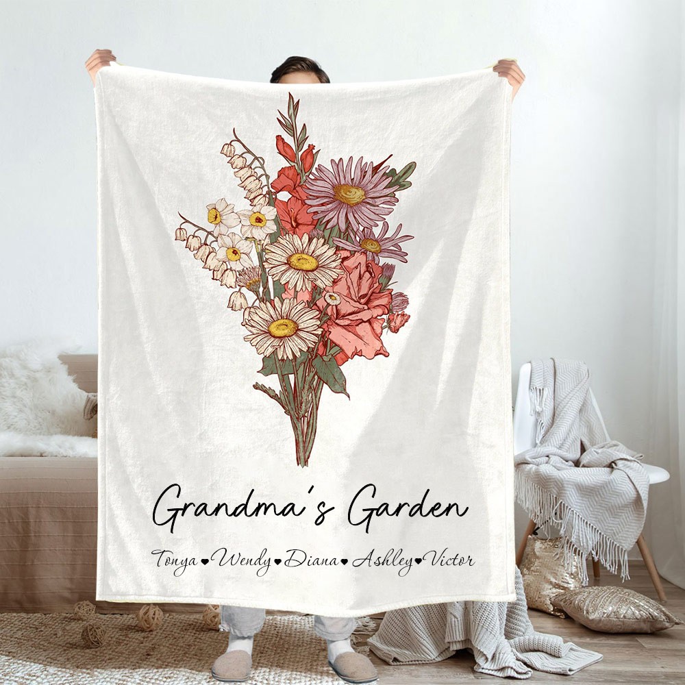 Custom Grandma's Garden Birth Flower Bouquet Blanket With Grandkids Names Gift Ideas for Grandma Mom Mother's Day Gift