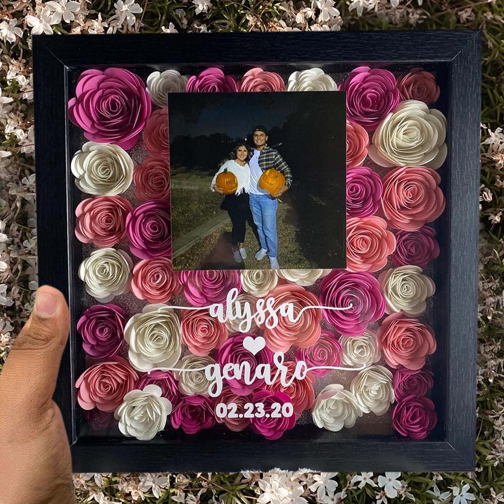 Personalized Couple Photo Flower Shadow Box for Her Valentine's Day Wedding Gift