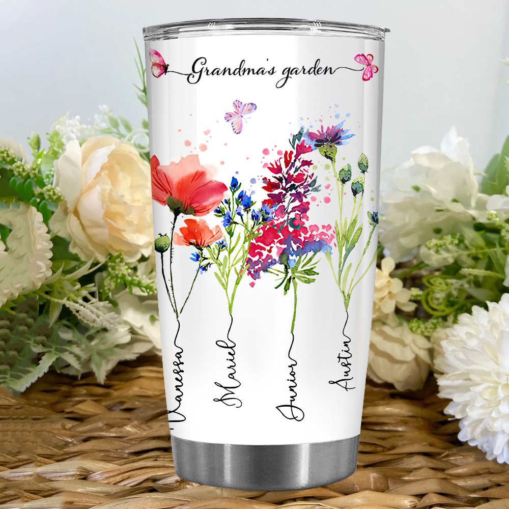Grandma's Garden Birth Month Flower Tumbler with Grandkids Names Personalized Gifts for Grandma Mom Christmas Gift Ideas