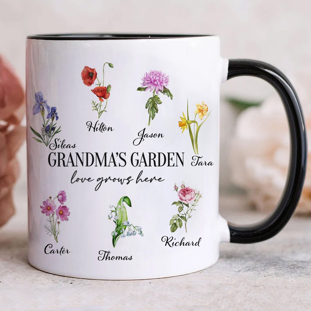 Custom Birth Month Flower Grandma's Garden Mug with Grandkids Names Love Gift Ideas for Mom Grandma Birthday Gift
