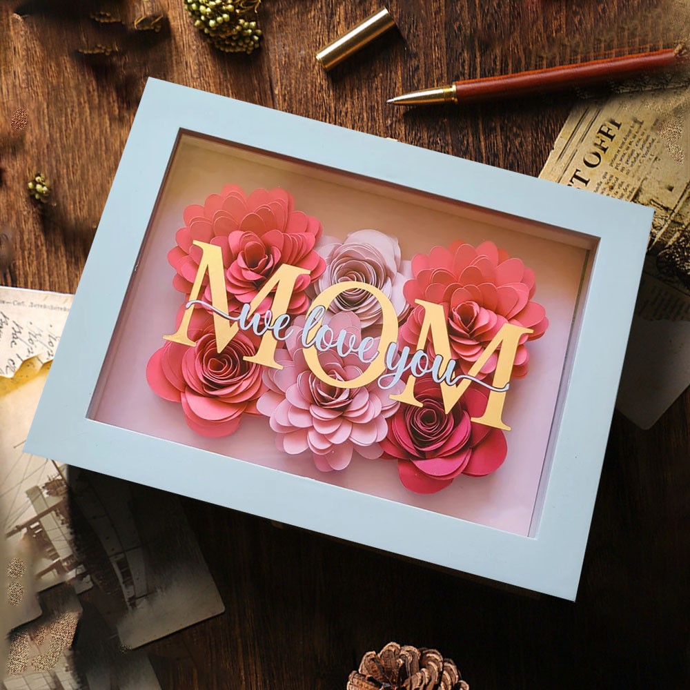 Paper Flower Rose Shadow Box Frame Gift For Mom From Kids Birthday Gift for Grandma Nana
