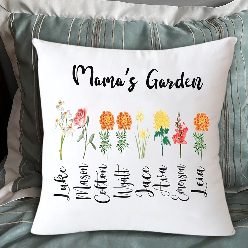 Mama's Garden Pillow Custom Birth Flower Pillow with Kids Names Gift for Mom Grandma Love Gift 