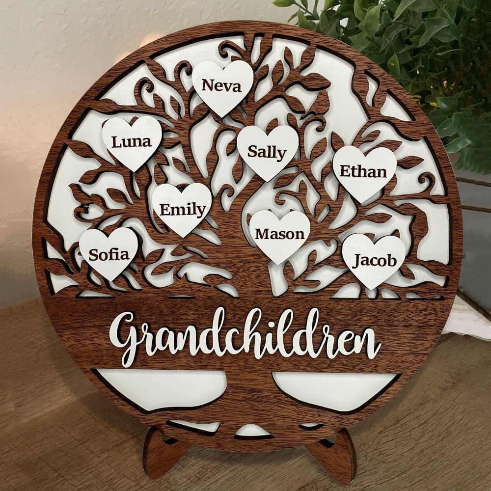 Custom Wooden Grandparents Family Tree Sign Engraved Names in Heart Gift for Mom Lovely Family Gift Mother's Day Gift for Grandma Anniversary Gift