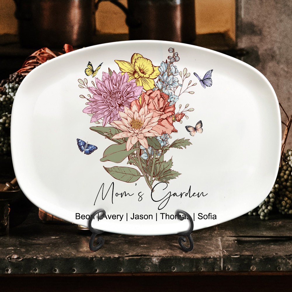 Personalized Mom's Garden Watercolor Birth Flower Bouquet Plate Useful Gifts For Mom Grandma Mother's Day Gift Ideas
