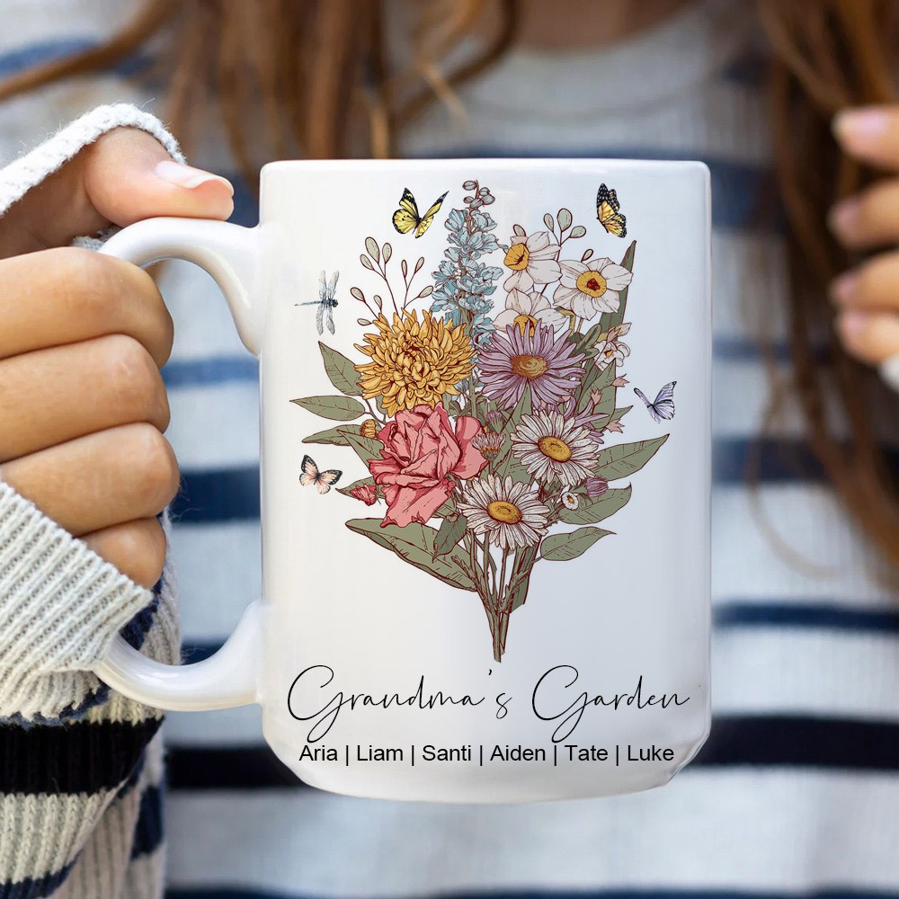Personalized Grandma's Garden Bouquet Mug With Grandkids Names Unique Gift Ideas For Grandma Mom Mother's Day Gifts