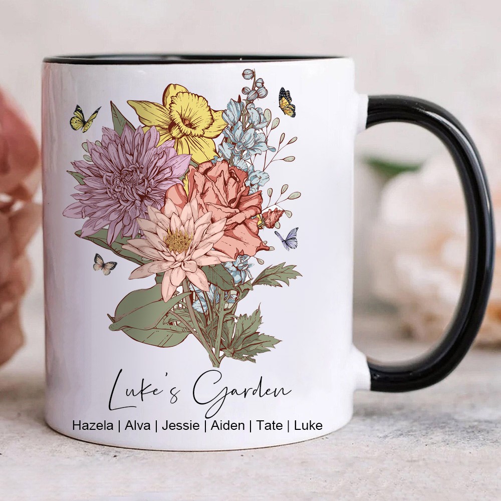 Custom Garden Birth Flower Bouquet Mug With Kids' Names Personalized Family Gift For Mom Grandma Mother's Day Gifts Ideas