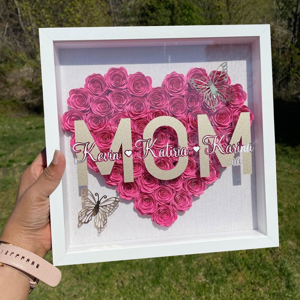Custom Mom Heart Shaped Monogram Flower Shadow Box with Kids Names Mother's Day Gifts Keepsake Gifts for Mom