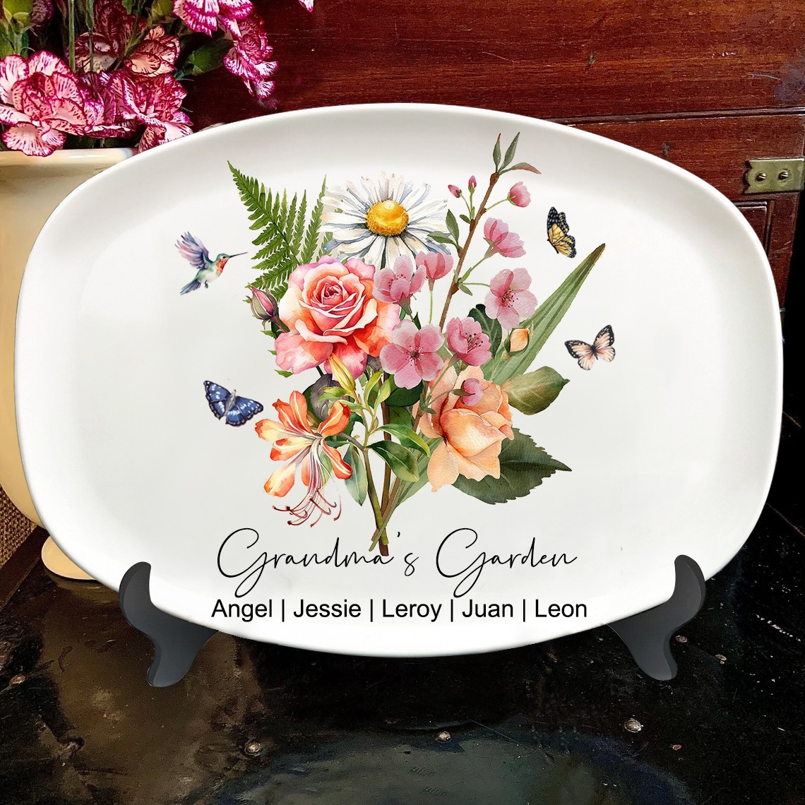 Personalized Birth Flower Bouquet Grandma's Garden Platter With Grandkids Names Gift For Mom Grandma Mother's Day Gift