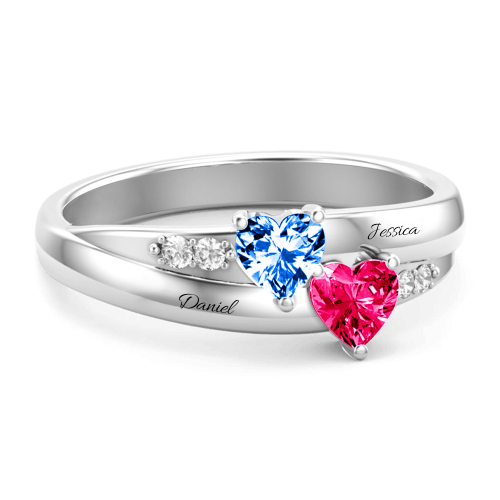 S925 Sterling Silver Custom Engraved Double Heart Birthstone Promise Ring For Her