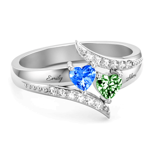 S925 Sterling Silver Personalized Double Heart Birthstone Promise Ring For Her
