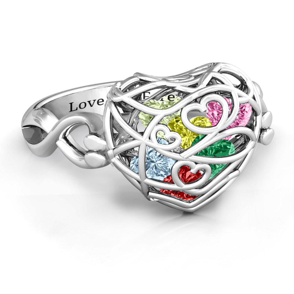 S925 Sterling Silver Personalized Encased in Love Caged Infinity Band Hearts Ring with 1-6 Birthstones