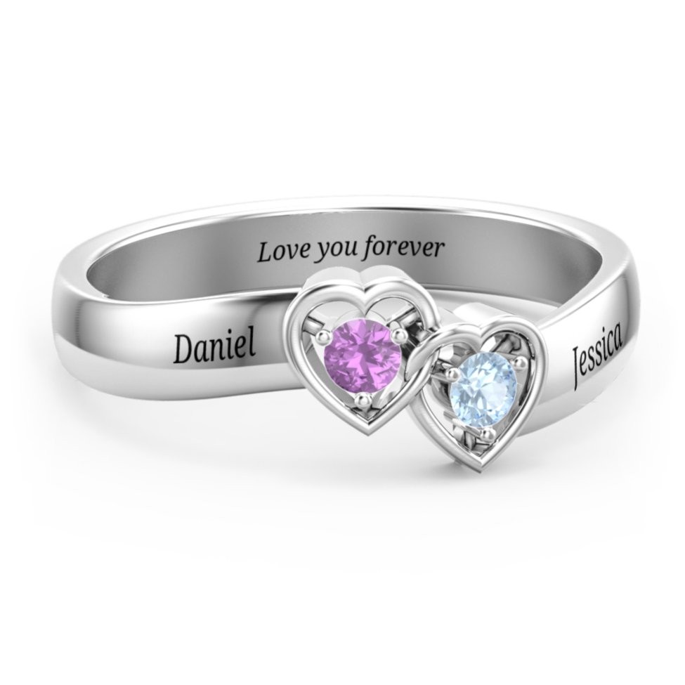 S925 Sterling Silver Personalized Double Interlocked Hearts Promise Ring For Couples
