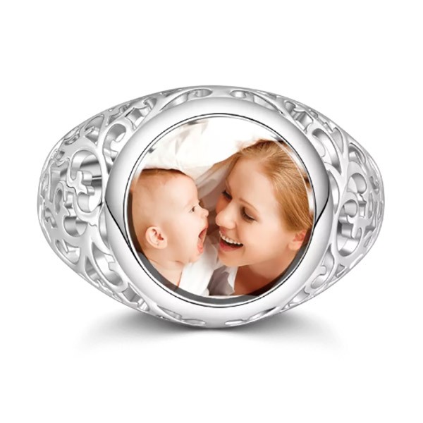 S925 Sterling Silver Personalized Round Mother's Photo Ring