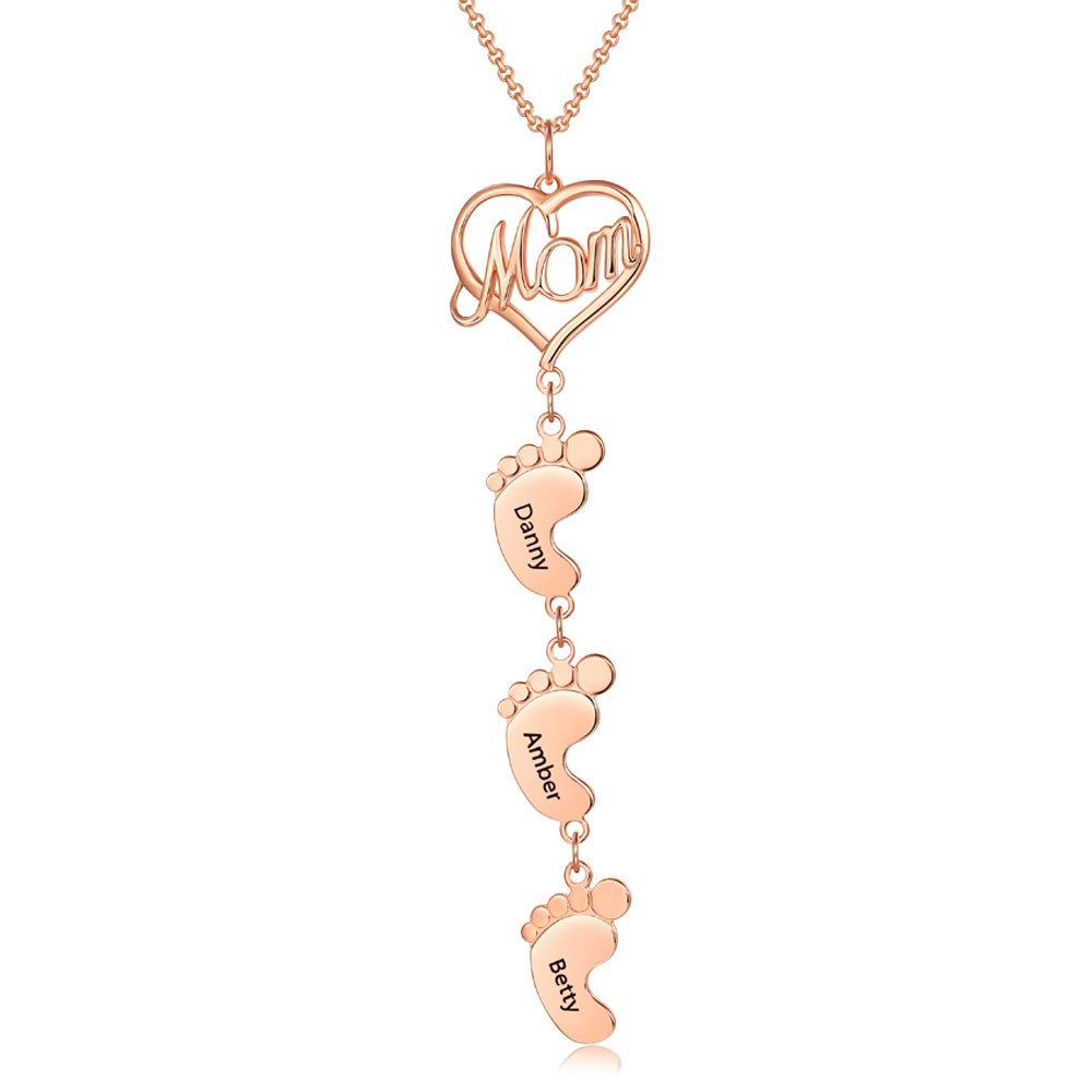 18K Rose Gold Plating Personalized Mom Necklace With Baby Feet 1-10 Pendants