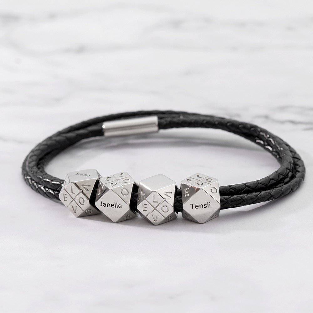 Father's Day Gift Personalized Men's Braided Leather Bracelet with 1-10 Polyhedral Beads 