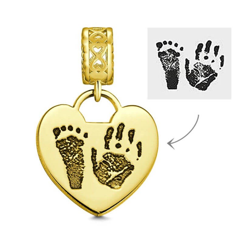 Photo Charm With Child's Footprint, Remembrance Jewelry 14K Gold Plated - Golden