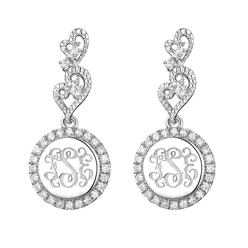 Engraved Lace Circle Monogram Silver Earrings