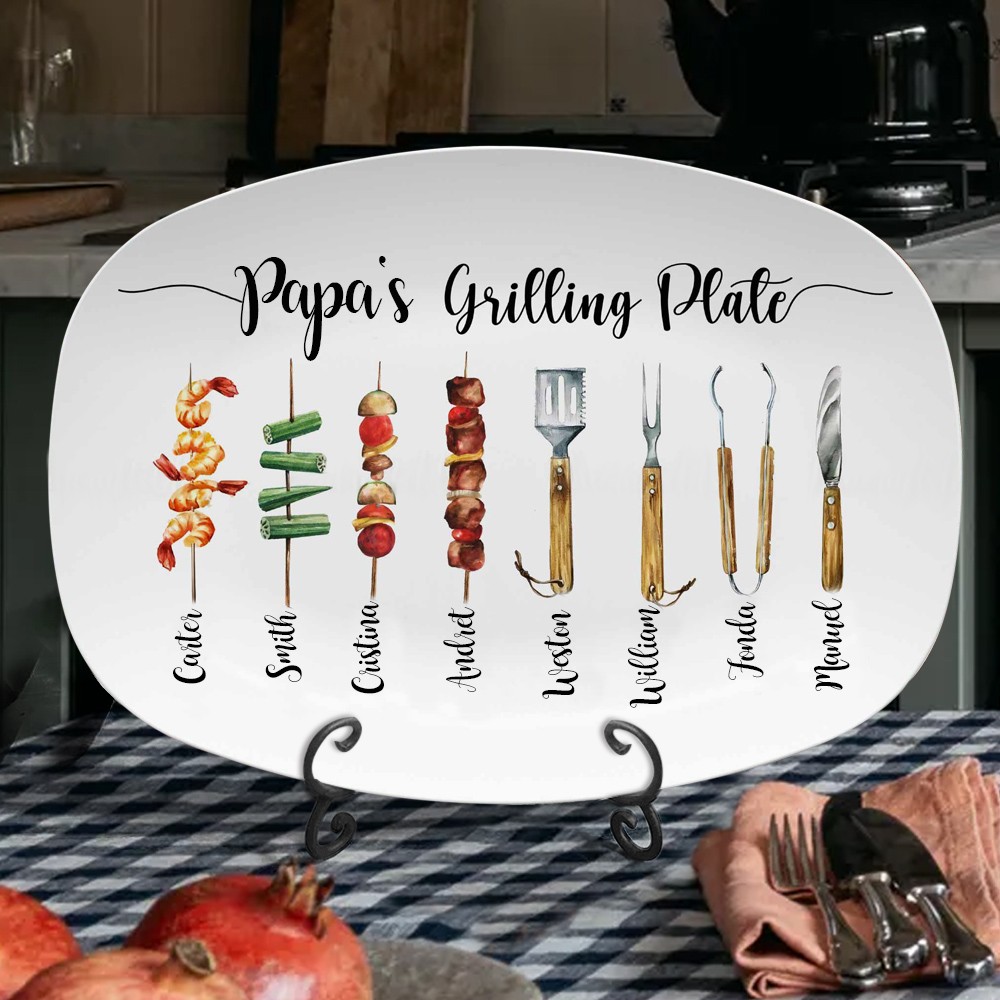 Personalized BBQ Papa's Grilling Plate Funny Platter for Daddy Grandpa Father's Day Gift Ideas