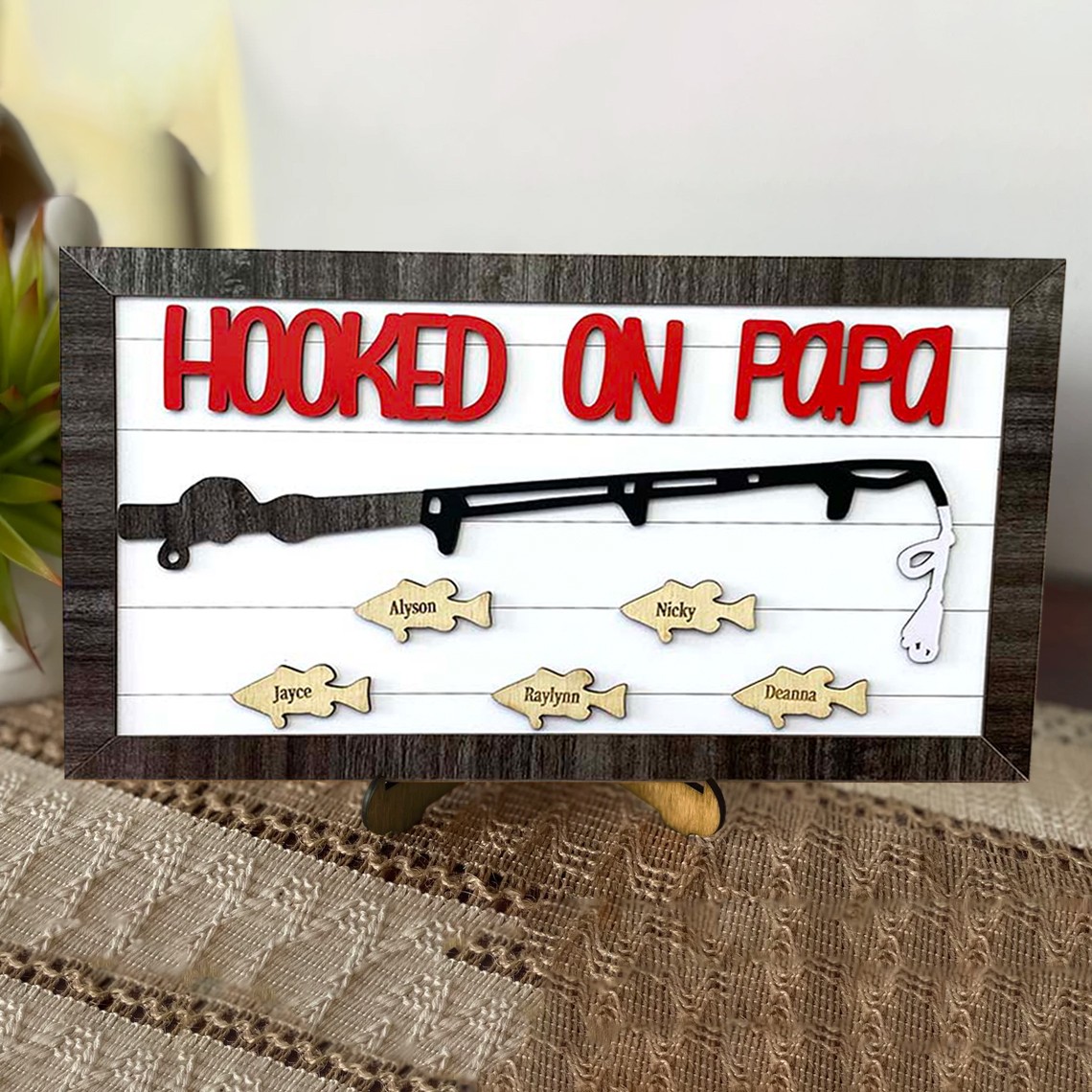 Hooked on Papa Wood Sign with Kids Name Fishing Lover Sign Gift Idea for Dad Papa