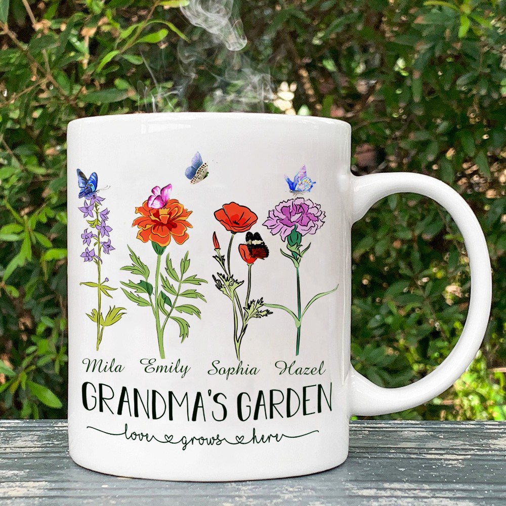 Grandma's Garden Birth Month Flower Personalized Mug with Kids Names Unique Gift Ideas for Mom Grandma Christmas Gift Family Gift