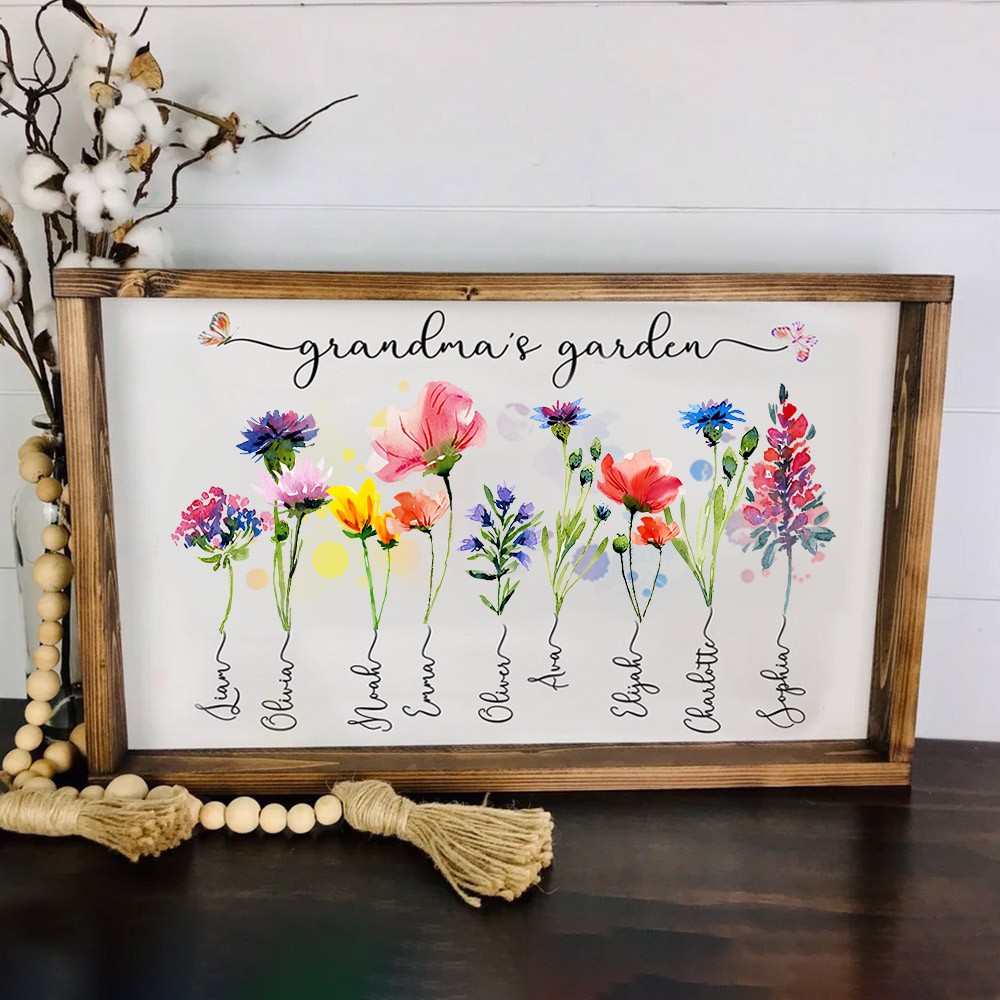 Engraved Wood Birth Flower Nana's Garden Sign with Grandkids Name Personalized Mother's Day Gifts