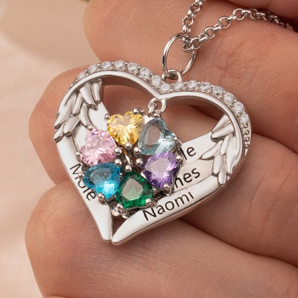 Personalized Heart Shape Name Necklace with Birthstones Family Necklace Gift for Her Love Gift for Mom Anniversary Gift