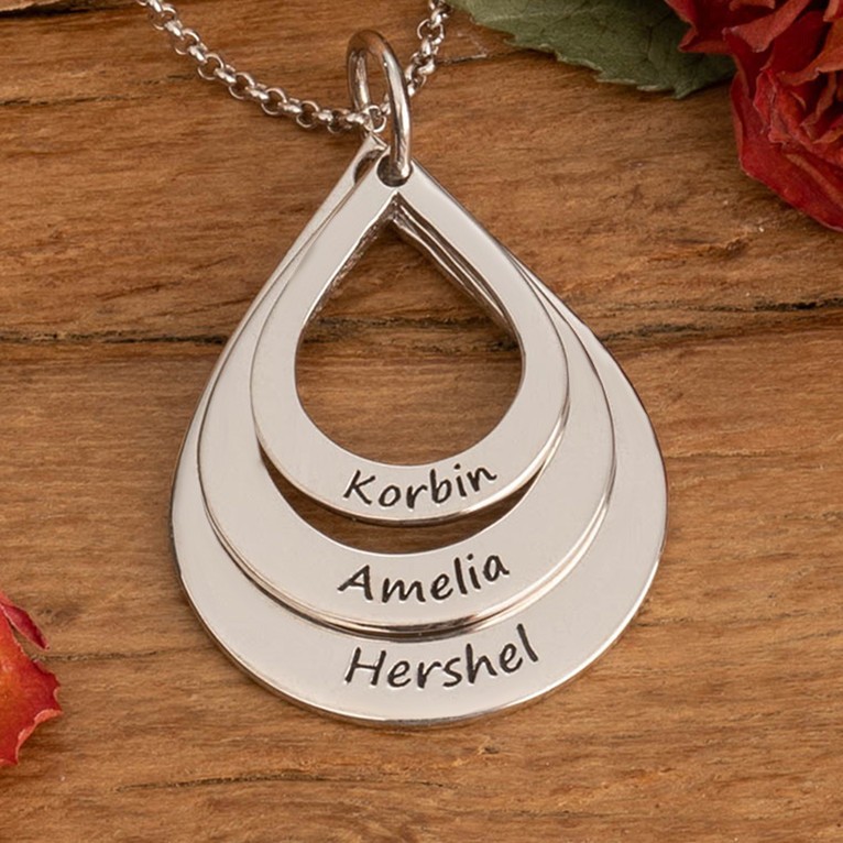 Silver Personalized Engraved Drop Shaped Family Necklace 1-6 Engraving Name Necklace