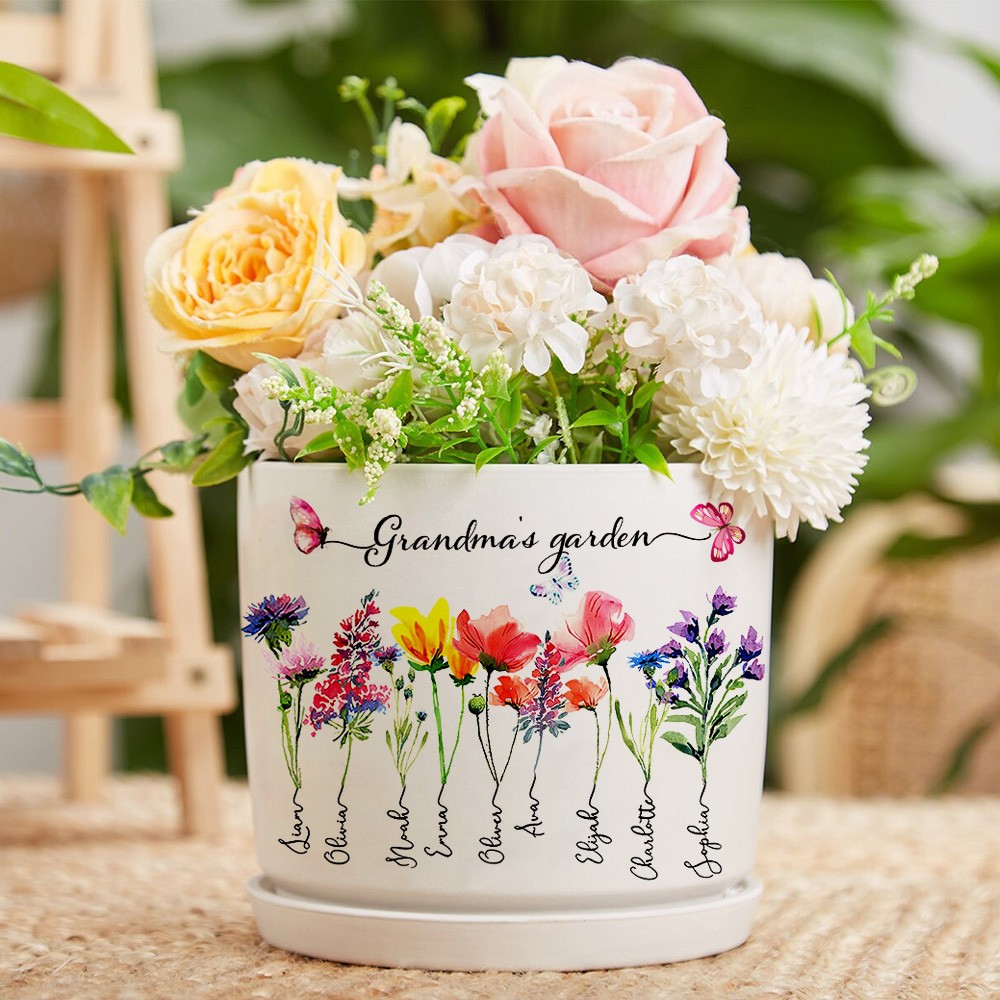 Custom Grandma's Garden Birth Flower Plant Pot with Grandkids Names For Christmas Gifts Birthday Gifts Great Gift Ideas for Grandma Mom