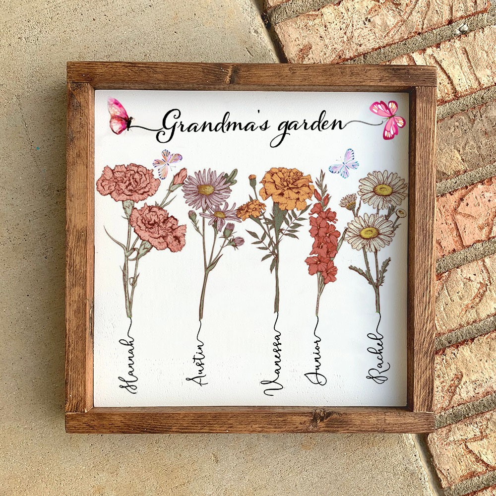 Custom Wooden Grandma's Garden Frame With Birth Flowers And Kids Names Family Gift Ideas For Mom Grandma Mother's Day Gifts