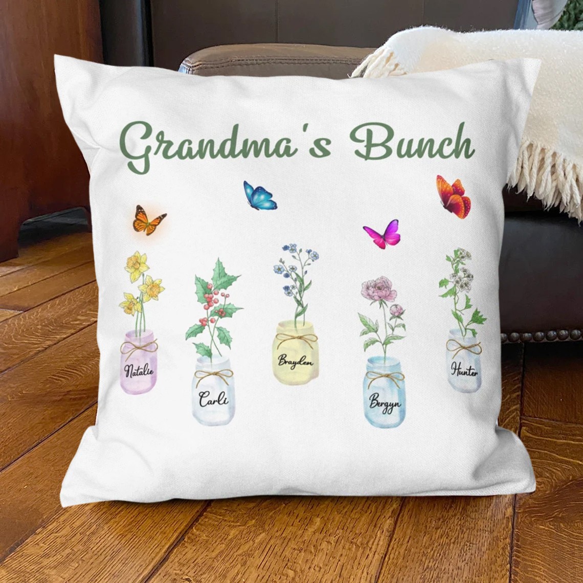Custom Pillow with Birth Month Flower Print Family Keepsake Gift Ideas for Grandma Mom